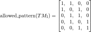 \text{allowed\_pattern}(TM_1) =
\begin{bmatrix}
1, & 1, & 0, & 0 \\
1, & 0, & 1, & 0 \\
0, & 1, & 1, & 0 \\
0, & 1, & 0, & 1 \\
0, & 0, & 1, & 1 \\
\end{bmatrix}
