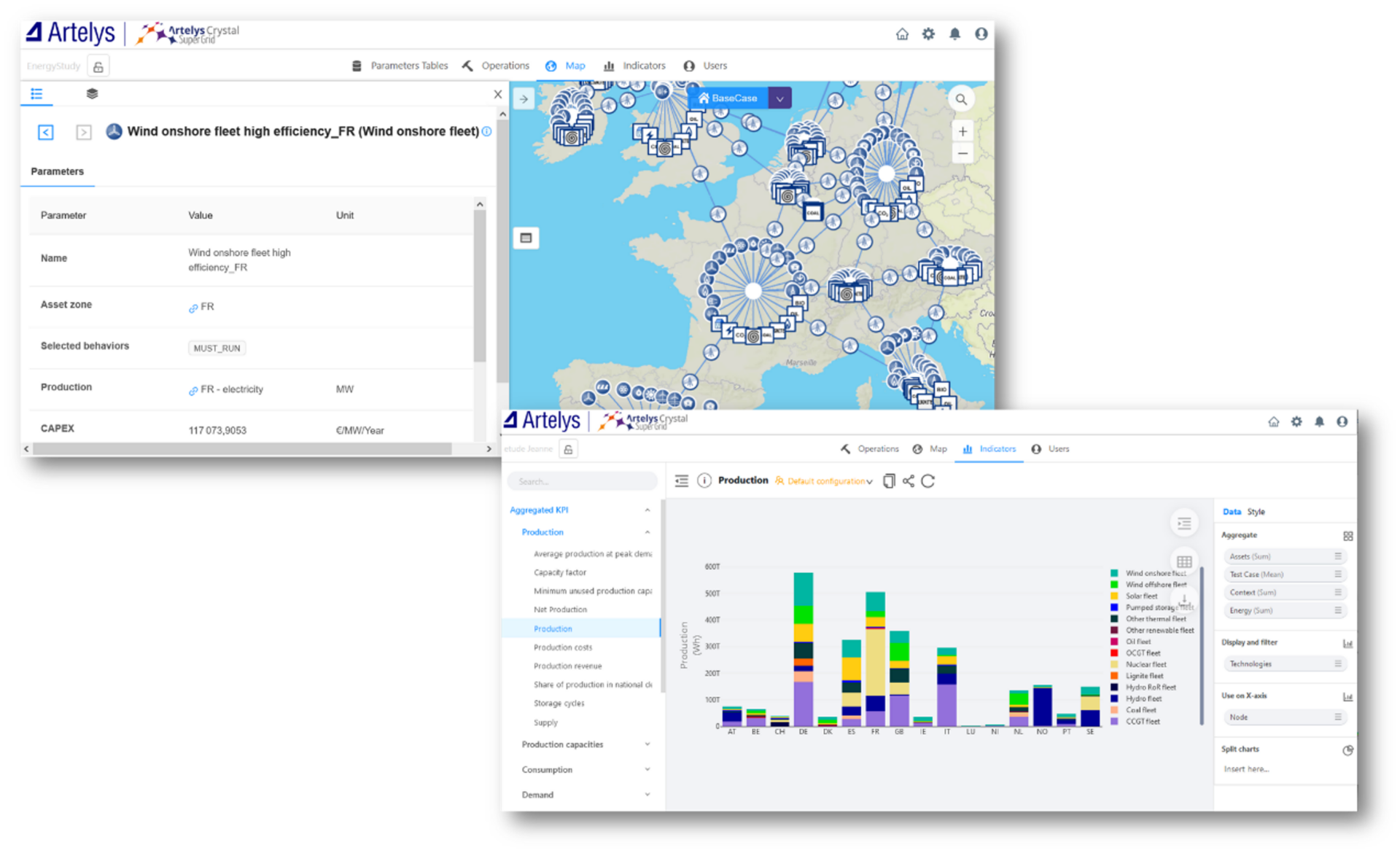 Figure 1 : Interfaces cartographiques et KPI de la plateforme Artelys Crystal Super Grid