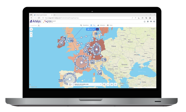 Figure 1: Map and KPI interfaces in the Artelys Crystal Super Grid platform